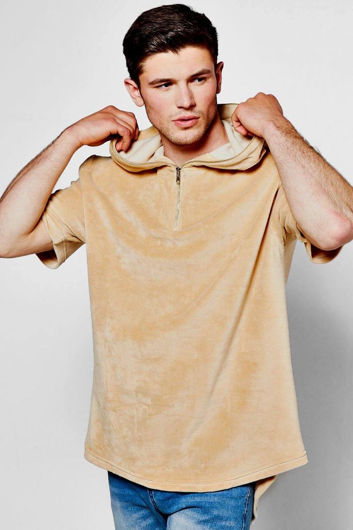 Boohoo Zip Hood Detail Velour Curved Hem Hoodie Champagne
