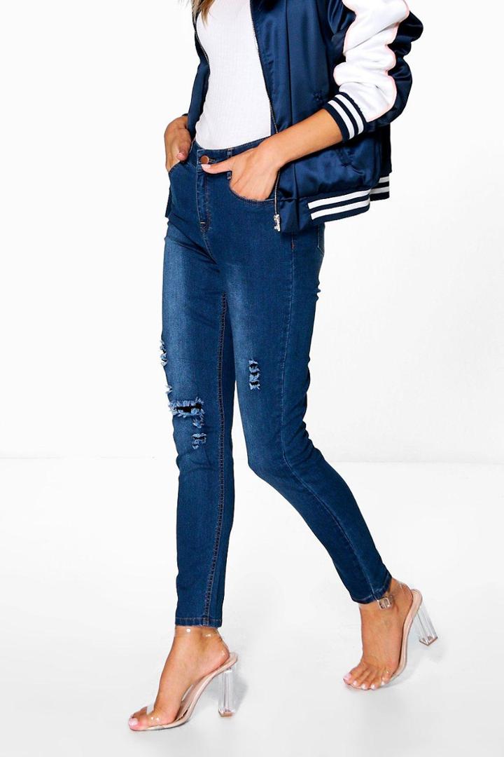 Boohoo Mary Mid Rise Destroyed Knee Skinny Jeans Blue