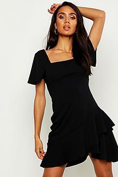 Boohoo Square Neck Frill Bottom Mini Dress