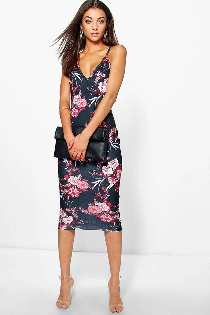 Boohoo Tall Sacha Textured Dark Floral Print Midi Dress Multi