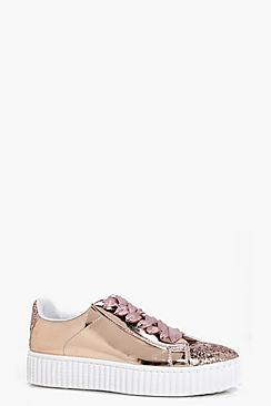 Boohoo Emily Glitter Panel Ribbon Lace Up Trainer