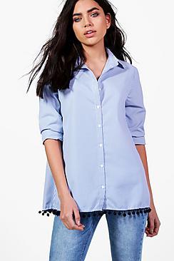 Boohoo Freya Woven Stripe Pom Pom Hem Shirt