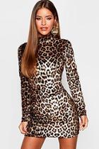Boohoo Petite High Neck Leopard Velvet Mini Dress