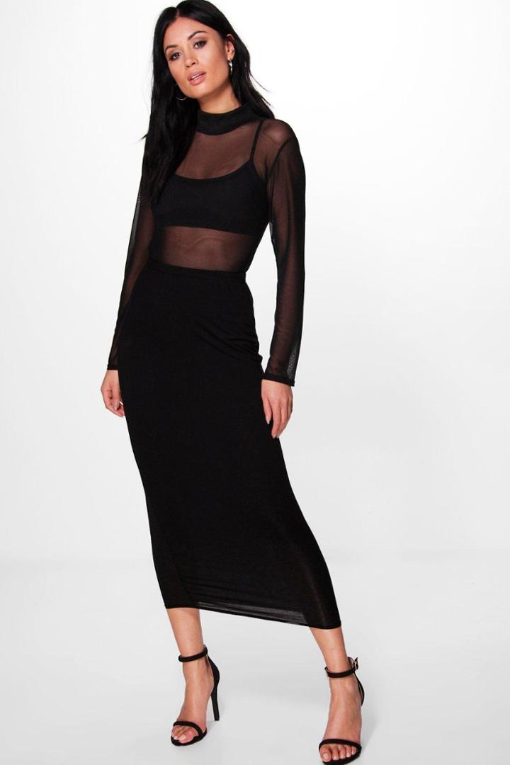 Boohoo Rose Basic Jersey Long Line Midi Skirt Black