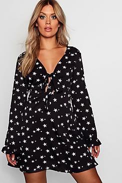 Boohoo Plus Ivy Star Printed Tie Front Ruffle Skater Dress
