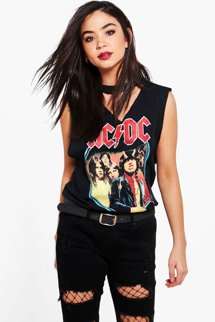 Boohoo Raegan Acdc Choker Neck Band Tee Black