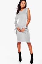 Boohoo Addison Split Sleeved Tie Detail Midi Dress Grey