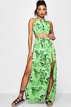 Boohoo Amelie Split Front Palm Maxi Dress