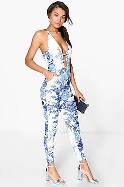 Boohoo Ria Deep Plunge Porcelain Floral Print Jumpsuit