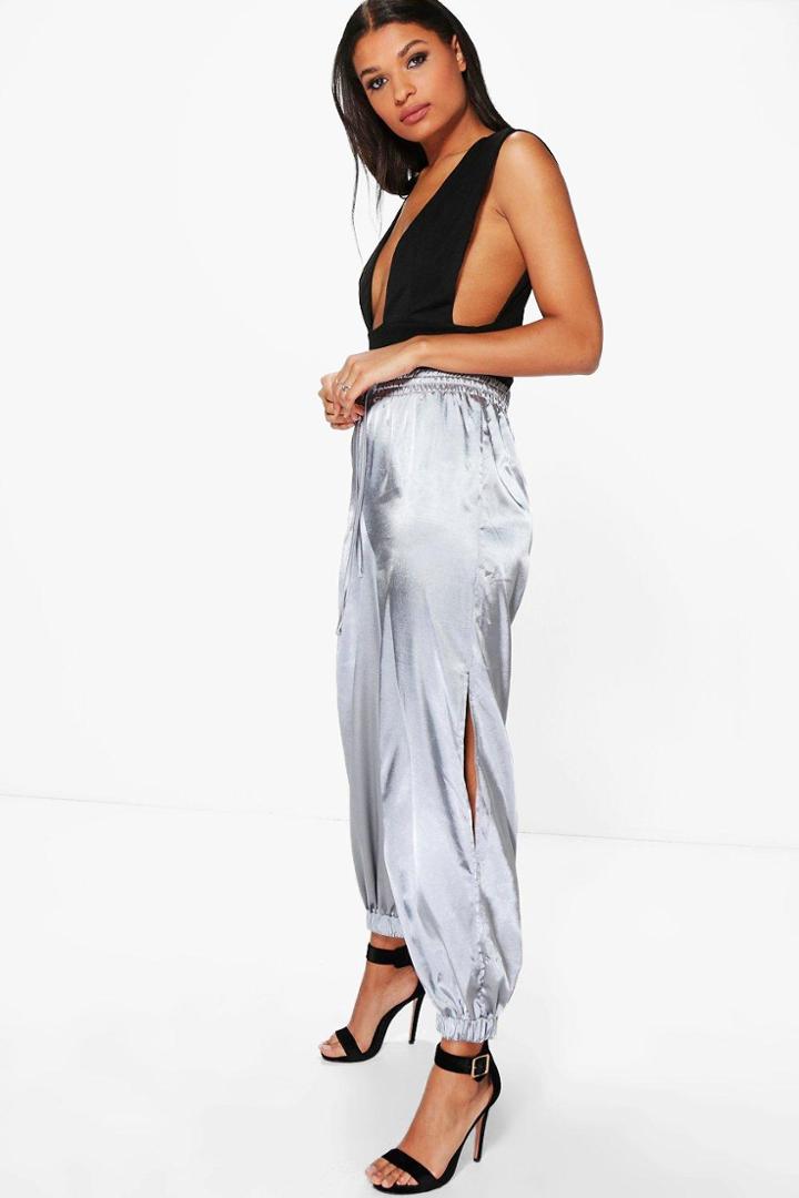 Boohoo Orianna Split Leg Satin Hareem Trousers Silver