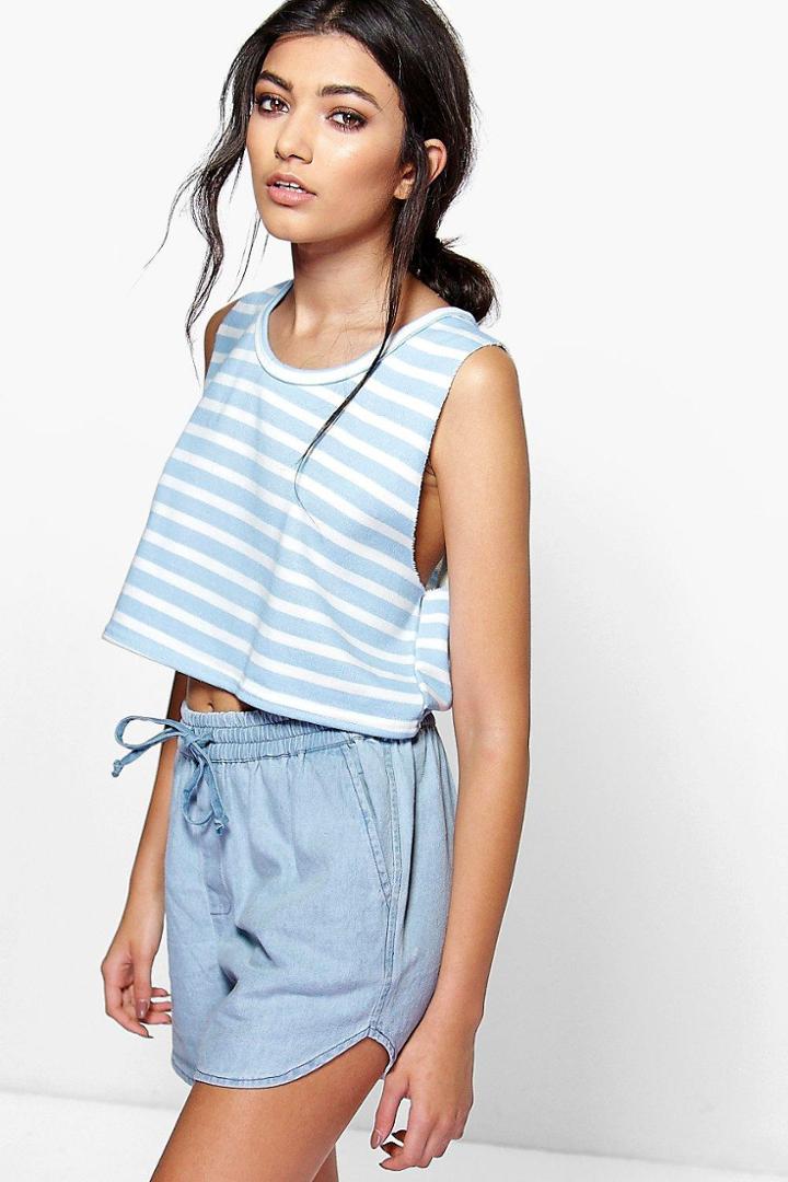 Boohoo Mia Raw Edge Striped Crop Sweat Blue