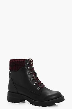 Boohoo Nina Contrast Knitted Collar Hiker Boots