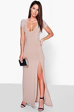 Boohoo Emma Lace Insert Plunge Maxi Dress