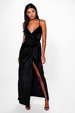 Boohoo Velvet Wrap & Tie Detail Maxi Dress