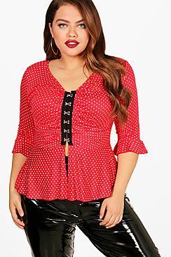 Boohoo Plus Eyelet Polka Dot Frill Top