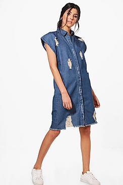 Boohoo Heidi Oversize Short Sleeve Denim Shirt Dress