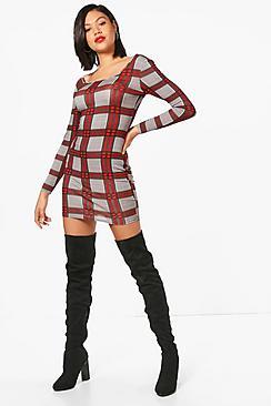 Boohoo Cassie Square Neck Checked Bodycon Dress