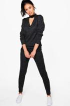 Boohoo Olivia Choker Knitted Loungewear Set Black