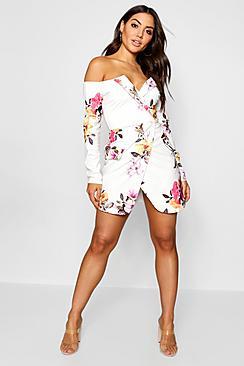 Boohoo Floral Off The Shoulder Blazer Dress
