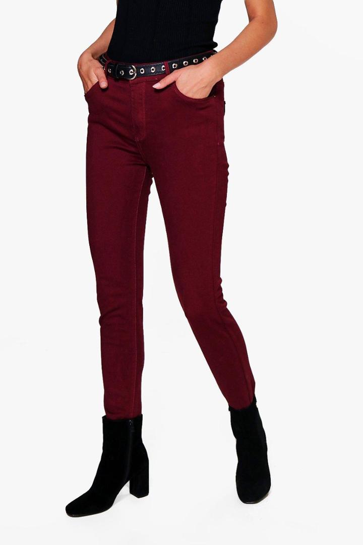 Boohoo Jessie Mid Rise 5 Pocket Skinny Jeans Burgundy
