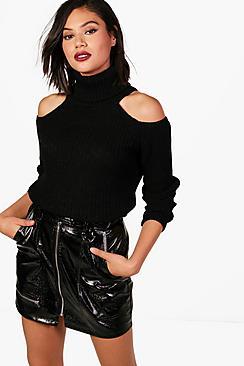 Boohoo Cara Cold Shoulder Roll Neck Jumper