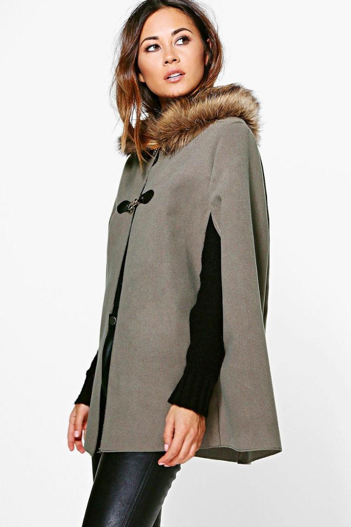 Boohoo Olivia Faux Fur Collar Wool Look Cape Mocha