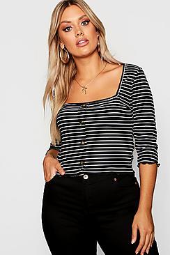 Boohoo Plus Striped Button Top