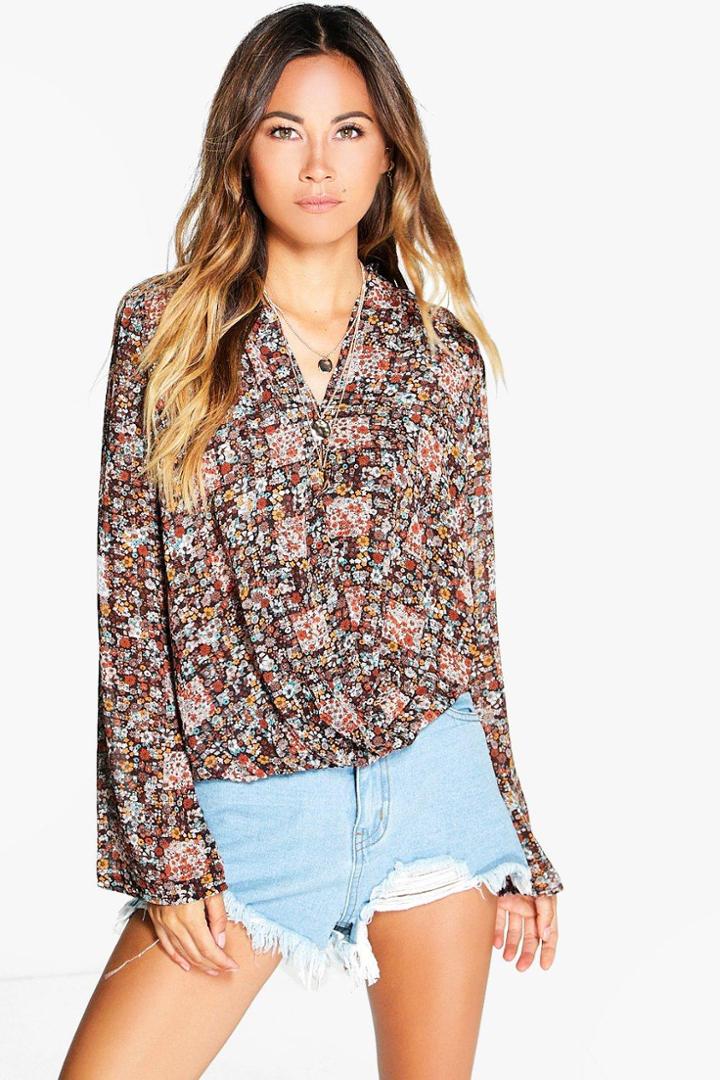 Boohoo Daisy Ditsy Floral Wrapover Blouse Multi