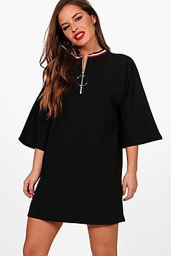 Boohoo Petite Emma Sports Trim Zip Front Shift Dress