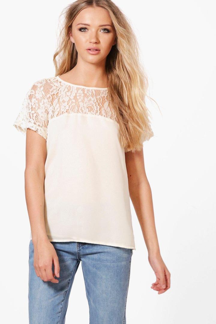 Boohoo Maria Lace Yoke Woven Shell Top Cream