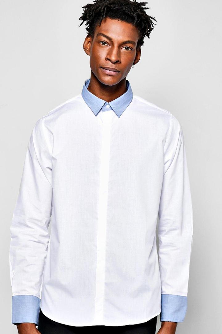 Boohoo Contrast Collar Long Sleeve Shirt Blue