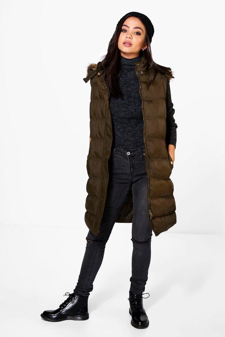 Boohoo Jessica Sleeveless Padded Jacket With Zip Off Hood Khaki