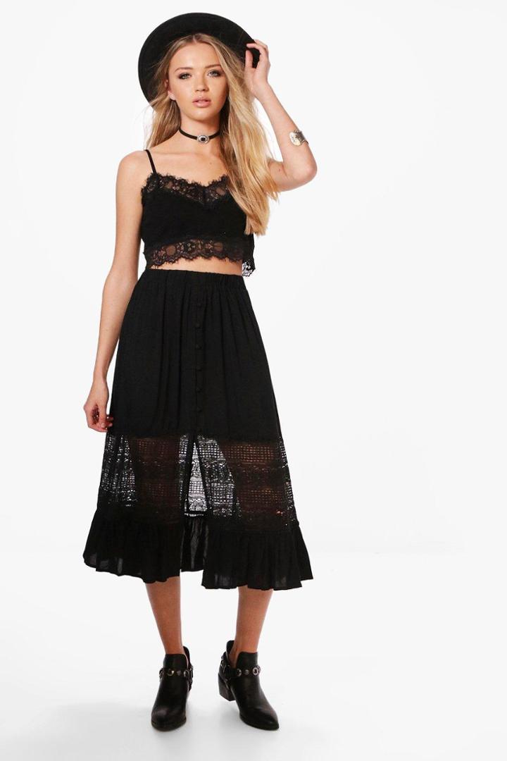 Boohoo Adalia Lace Insert Button Front Midi Skirt Black