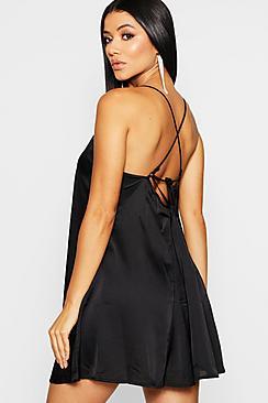 Boohoo Satin Strappy Tie Back Swing Dress