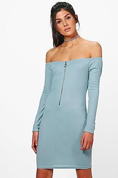 Boohoo Amber Off The Shoulder Zip Up Rib Dress