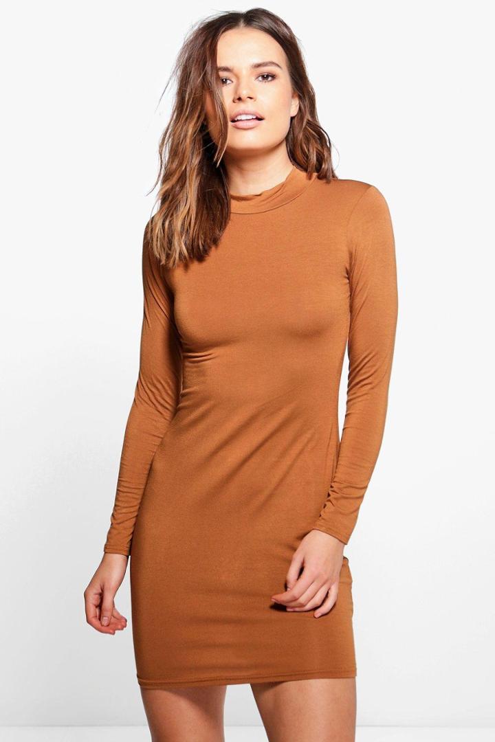 Boohoo Lola Turtle Neck Midi Dress Tan