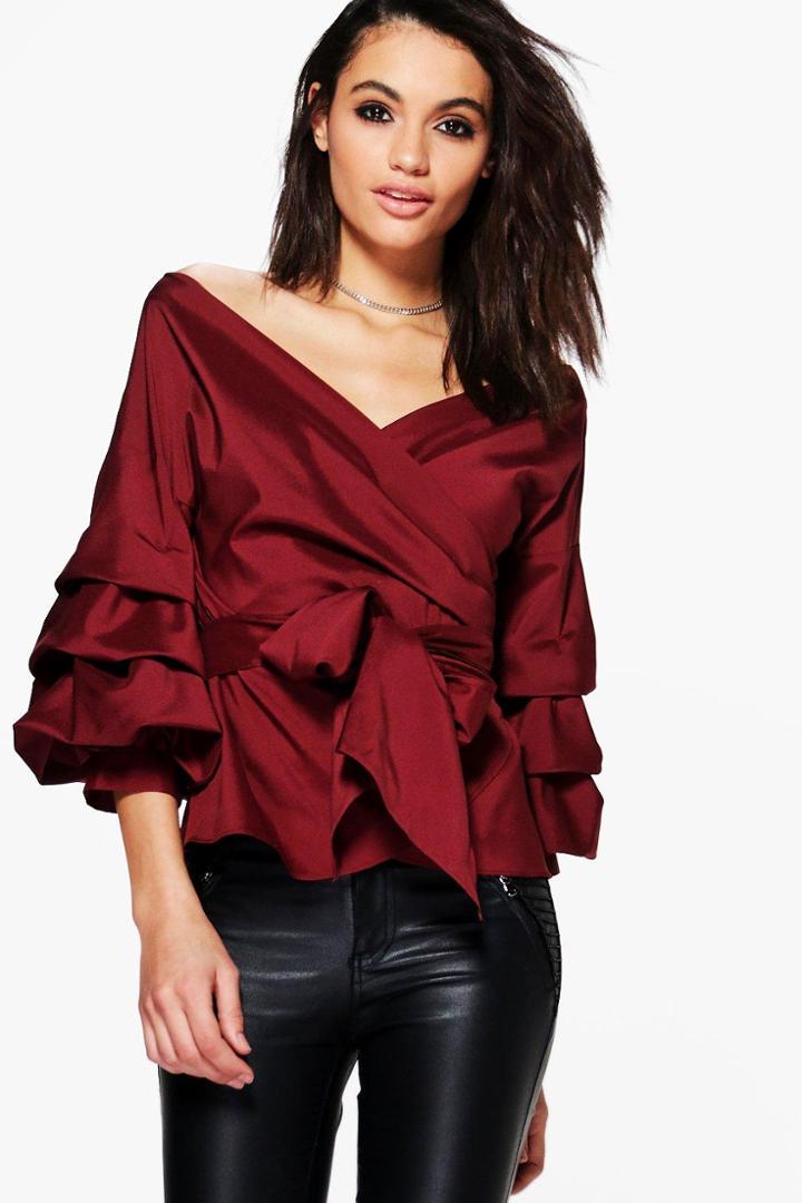 Boohoo Amelie Ruffle Tiered Sleeve Wrap Top Wine