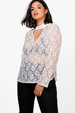 Boohoo Plus Natasha Lace Up Choker Flare Sleeve Blouse