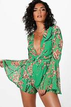Boohoo Floral Knot Front Flare Sleeve Playsuit