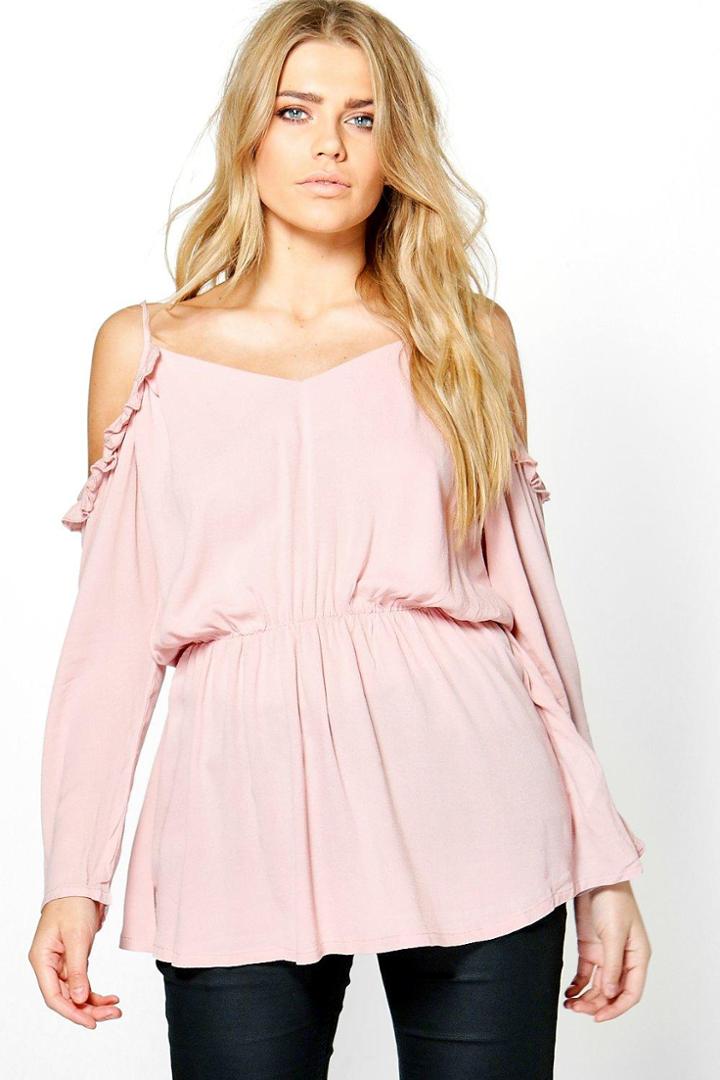 Boohoo Plus Laura Open Shoulder Frill Detail Blouse Blush