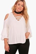 Boohoo Plus Beth Flare Sleeve Lace Up Top