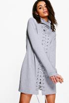 Boohoo Dulce High Neck Lace Up Detail Sweat Dress Grey