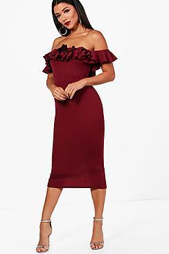 Boohoo Ruffle Off The Shoulder Midi Dress
