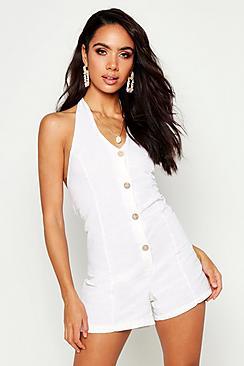 Boohoo Linen Look Horn Button Halter Playsuit