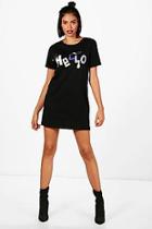 Boohoo Hello Embroidered Embellished T-shirt Dress