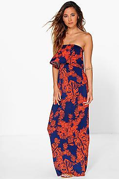 Boohoo Lily Palm Printed Bandeau Detail Maxi Dress