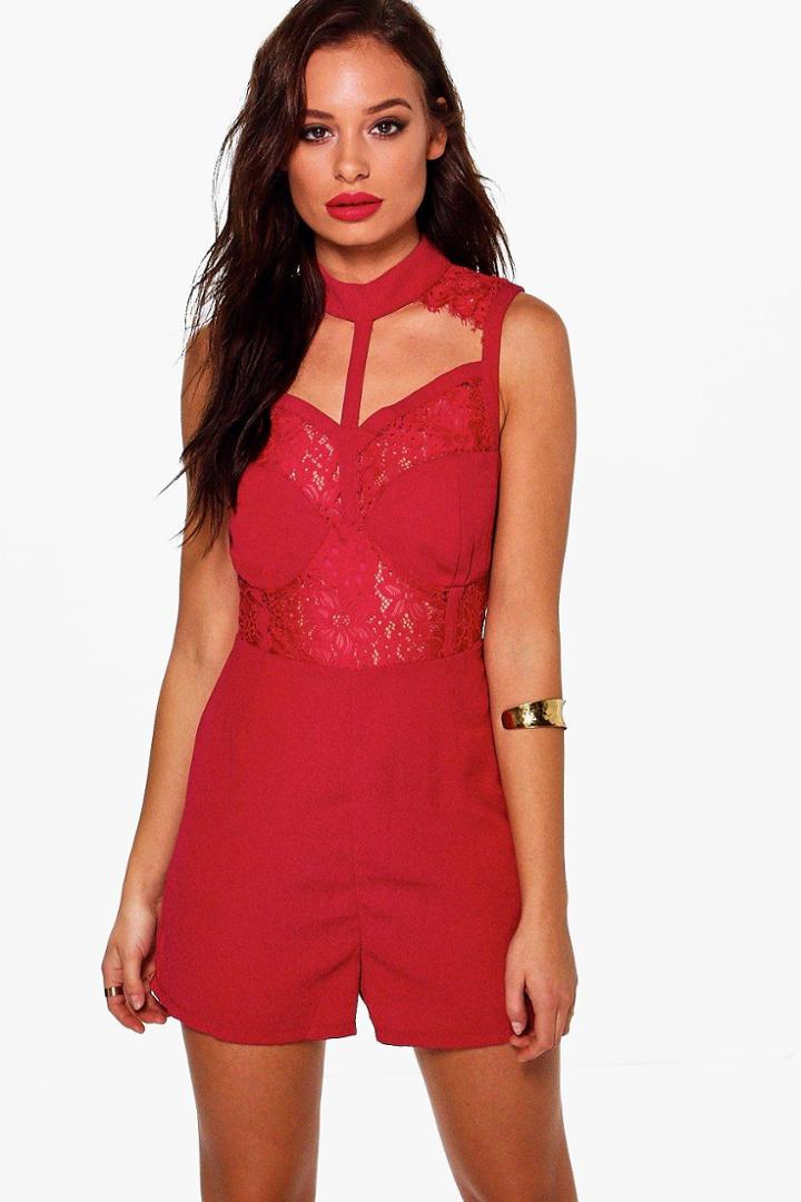 Boohoo Hannah Lace Bodice Choker Playsuit Merlot
