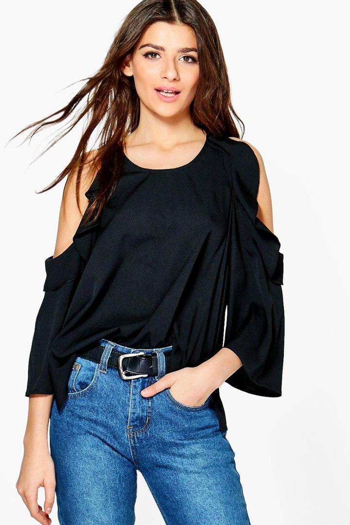 Boohoo Ariana Woven Cold Shoulder Ruffle Top Black