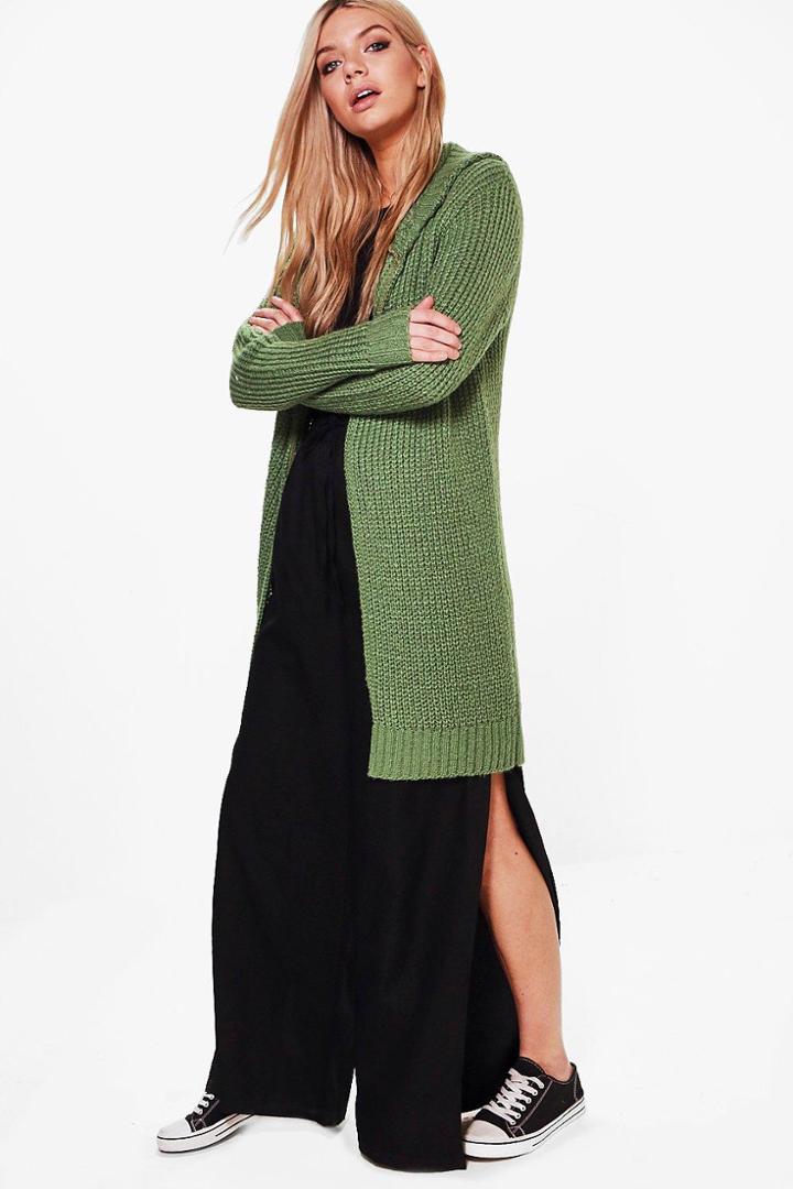 Boohoo Aliyah Soft Knit Hooded Long Cardigan Khaki