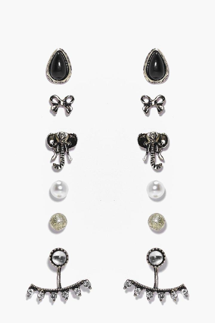 Boohoo Mya Elephant Mixed Stud 6 Earring Set Gold